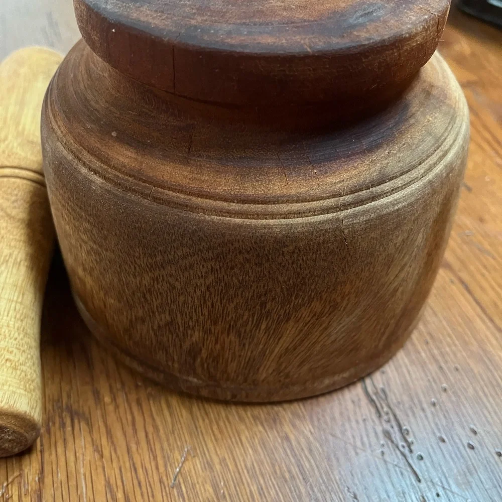 Vintage Solid Wood Mortar and Pestle Set Rustic Cabin Kitchen Decor 6”
